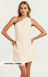 Mardelle Mini Dress - Linen One Shoulder Shift Dress in Neutral